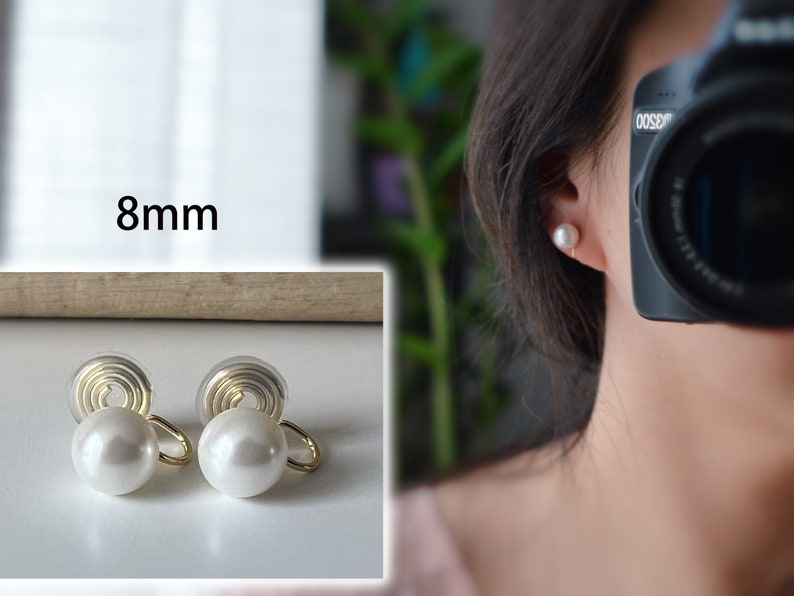 SANS DOULEUR Boucles d'oreilles CLIPS U spirale Perle blanche 8mm /10mm /12mm plaqué d'Or. Clips d'oreilles confortable. image 2