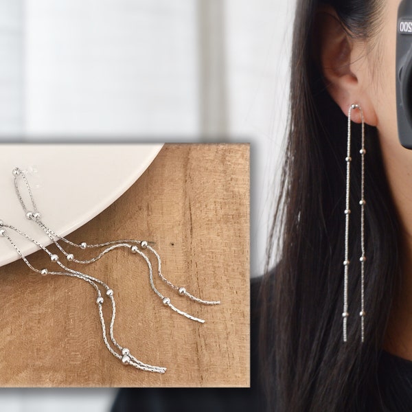 Super long INVISIBLE Clip-on Earrings, Double Chain Silver Ear Clips. Minimalist Jewelry.