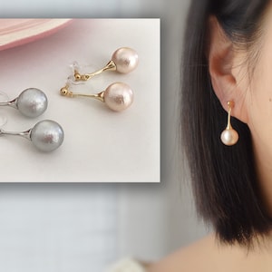 PEARL COTTON, Invisible CLIPS earrings, Japanese Pearl Cotton Pink / Silver gray, minimalist jewelry. Ear clips