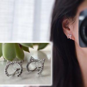 PAINLESS CLIPS U Cat zircon silver earrings. Comfortable Ear Clips Delicate Earrings image 1