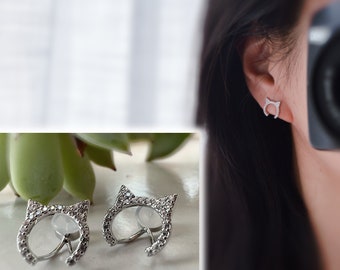 PAINLESS ! CLIPS U Cat zircon silver earrings. Comfortable Ear Clips Delicate Earrings