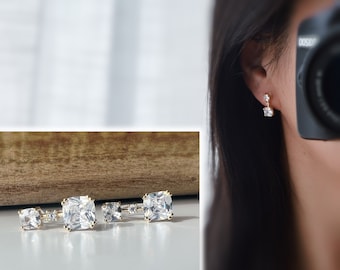 Invisible ear clips Square mini transparent zircon stone. COMFORTABLE CLIPS READY TO GIFT