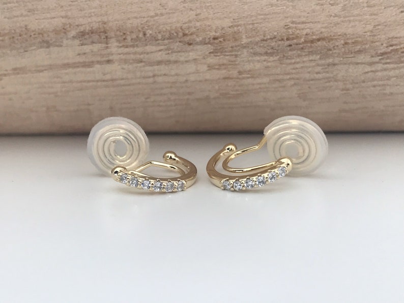 PAINLESS CLIPS U earrings spiral Semicircle Mini Round Zircon Stones gold plated. Comfortable ear clips. image 4