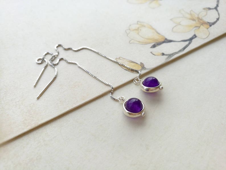 perle de Calc\u00e9doine violette avec anneau argent 925 Boucles D\u00e9licates Cha\u00eenette coulissante Cha\u00eenes d\u2019oreilles traversantes Argent 925