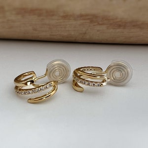 PAINLESS CLIPS U spiral earrings Triple circles zircon hoops. Comfortable Delicate 18K Gold Plated Ear Clips image 3