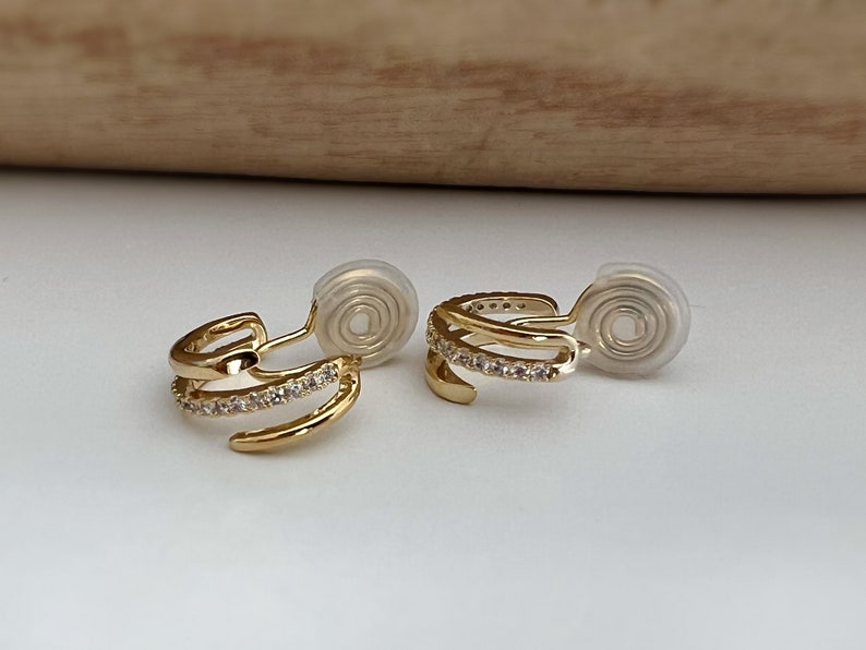 PAINLESS CLIPS U spiral earrings Triple circles zircon hoops. Comfortable Delicate 18K Gold Plated Ear Clips image 3