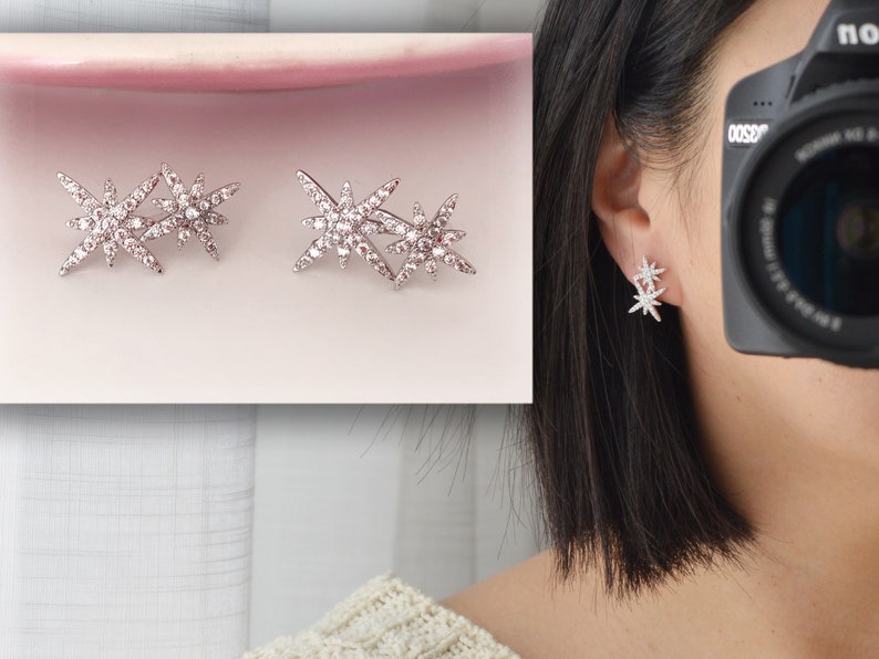 INVISIBLE Clip-on Earrings, Double Zircon Star Silver Color. Ear clips. image 1