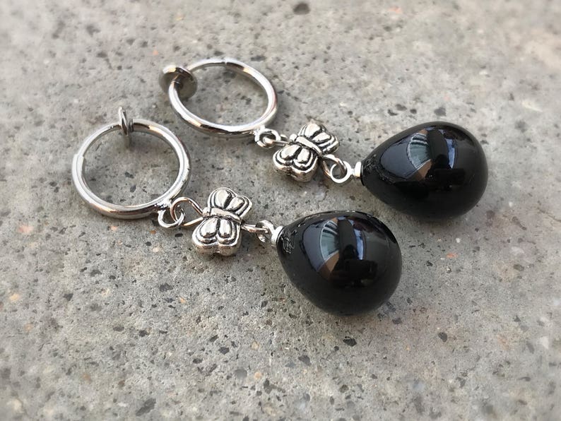 Silver Clip-on Earrings Water droplets beads black small butterfly