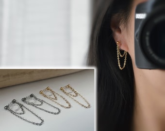 Invisible Clip-on Earrings, Double Chain, Silver/Gold Colour, Clip-on earrings for non-pierced ears, tassel clips.