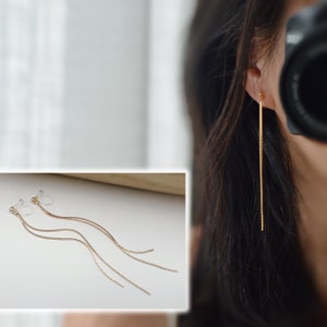 Long INVISIBLE CLIPS earrings, Double gold-colored tassel chain. Comfortable chain ear clip for non-pierced ears image 1