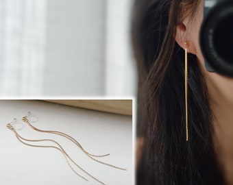 Long INVISIBLE CLIPS earrings, Double gold-colored tassel chain. Comfortable chain ear clip for non-pierced ears