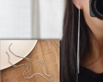 Super long Invisible Clip-on Earrings, Double Chain Clip-on Earrings in Silver or Gold. Minimalist Jewelry.