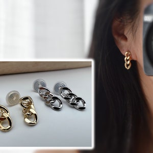 PAINLESS ! CLIPS U spiral thick chain earrings in gold/silver color. Comfortable Ear Clips Delicate Earrings