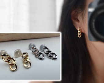 PAINLESS ! CLIPS U spiral thick chain earrings in gold/silver color. Comfortable Ear Clips Delicate Earrings