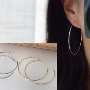 Large fine hoops. INVISIBLE Clip Earrings, Silver / Gold Hoops. Comfortable ear clips. image 1