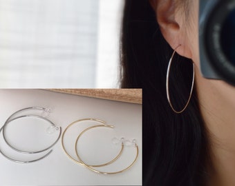 Large fine hoops. INVISIBLE Clip Earrings, Silver / Gold Hoops. Comfortable ear clips.