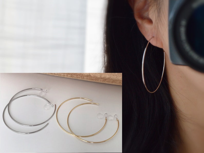 Large fine hoops. INVISIBLE Clip Earrings, Silver / Gold Hoops. Comfortable ear clips. image 1