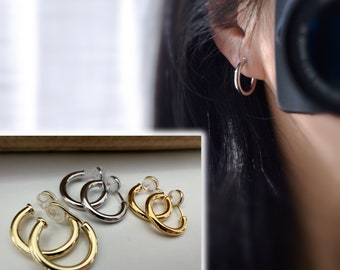 ¡SIN DOLOR! Pendientes círculo espiral U color plata / Baño en oro 18K / Baño en oro 14K. Cómodos y delicados clips para las orejas.