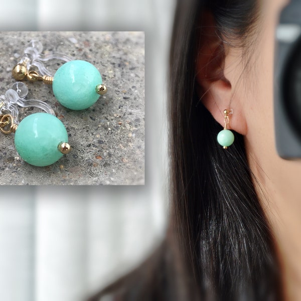 INVISIBLE Clip-on Earrings, Natural Tianhe Green Chalcedony Stone. Ear clips. Daily, simple jewelry. Golden color.