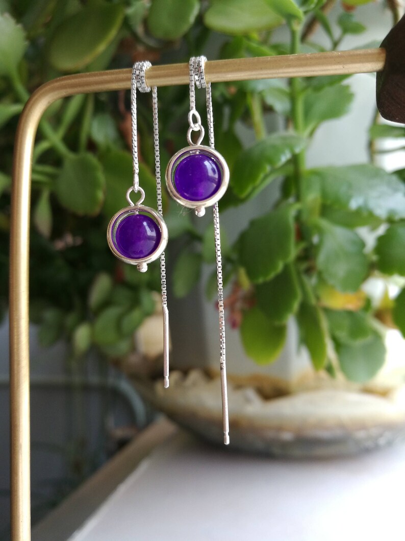 perle de Calc\u00e9doine violette avec anneau argent 925 Boucles D\u00e9licates Cha\u00eenette coulissante Cha\u00eenes d\u2019oreilles traversantes Argent 925