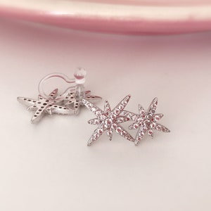 INVISIBLE Clip-on Earrings, Double Zircon Star Silver Color. Ear clips. image 2