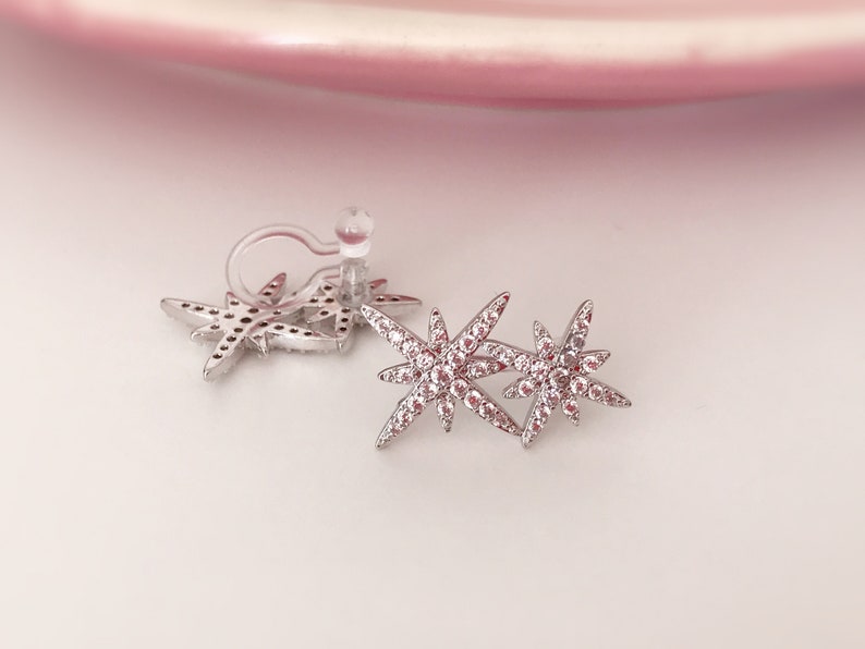 INVISIBLE Clip-on Earrings, Double Zircon Star Silver Color. Ear clips. image 2