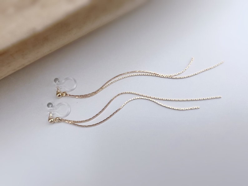 Long INVISIBLE CLIPS earrings, Double gold-colored tassel chain. Comfortable chain ear clip for non-pierced ears image 4