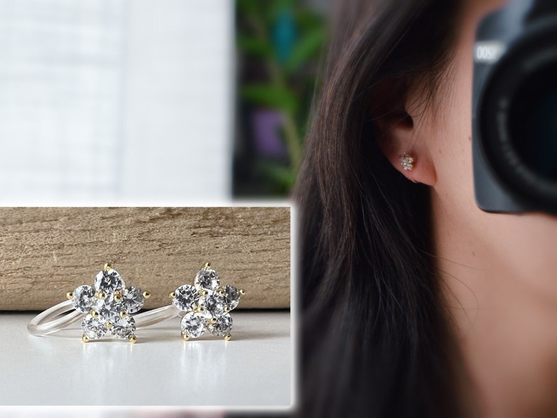 Mini invisible ear CLIPS, Mini Flower five petals Gold Zircon, Comfortable delicate minimalist clip earrings image 1