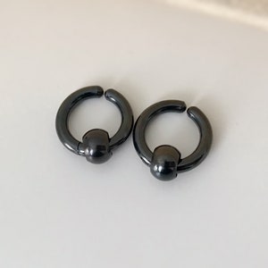 Rock Boucles d'oreille CLIPS Pince Anneaux avec perle couleur Argent/ Noir pour oreilles non percées. Hommes Femmes Créole cercle 17mm image 5