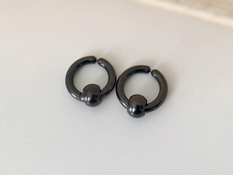 Rock Boucles d'oreille CLIPS Pince Anneaux avec perle couleur Argent/ Noir pour oreilles non percées. Hommes Femmes Créole cercle 17mm image 5