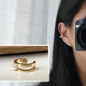 Bague d'oreilles boucles d'oreilles créole anneau mini perle blanche Clips d'oreilles plaqué d'Or minimaliste.
