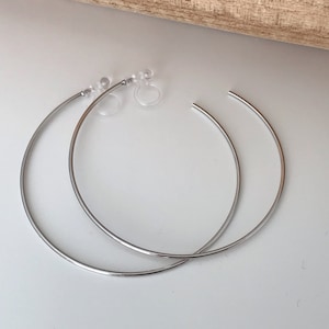 Large fine hoops. INVISIBLE Clip Earrings, Silver / Gold Hoops. Comfortable ear clips. image 5