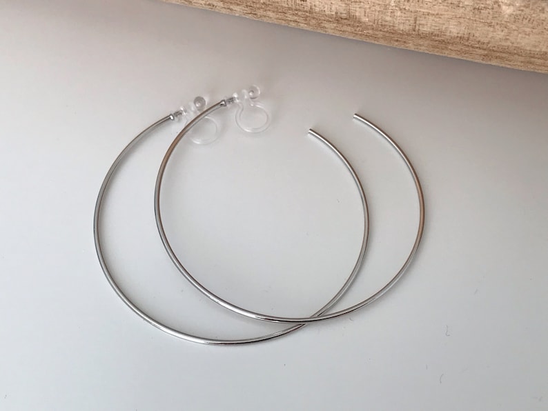 Large fine hoops. INVISIBLE Clip Earrings, Silver / Gold Hoops. Comfortable ear clips. Argent