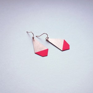Geometric earrings, neon pink earrings, earrings rose gold colour, handmade earrings, minimalistic earrings, polygon earrings pink