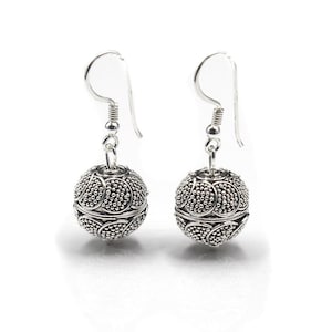 Sterling Silver Bali Granulation Ball Dangle Earrings, 925 Sterling Silver Earrings handmade in Bali, Women&#39;s Earrings, Beautiful Gift