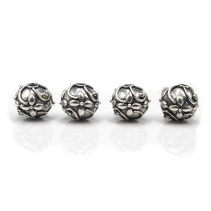 Quatre x 10 mm Perles de Bali en argent sterling, Perles de Bali en argent, Perles florales de Bali, Perles de Bali en argent sterling, Perles de Bali en argent sterling 10 mm