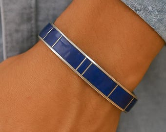 Lapis Lazuli Cuff Bracelet, Sterling Silver Cuff Bracelet, Lapis and Silver Bracelet, Lapis Lazuli Stone Cuff Bracelet, Inlaid Stone Cuff