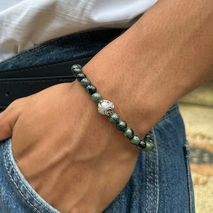 Dark Green Jade Bracelet, Men&#39;s Jade and Sterling Silver Bracelet, Men&#39;s Bracelet, Jade Bracelet for Man, 6mm Bead Bracelet