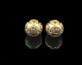 Two 13mm Sterling Silver and 22K Gold Beads, Two 13mm Gold and Sterling Silver Beads, Silver and Gold Bali Beads