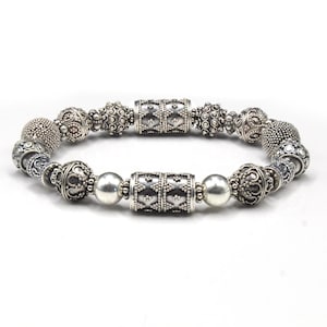 Sterling Silver Bali Beads Bracelet, 925 Sterling Silver Granulation Beads Stretch Bracelet, Silver Beads Bracelet, Men&#39;s Silver Bracelet