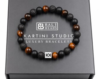 Men's Bracelet, Onyx, Lava, and Red Tiger's Eye Bracelet, Bead Bracelet Men, Tiger's Eye and Sterling Silver Bracelet, Men's Bead Bracelet