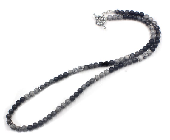 Men's Necklace, Grey Jasper, Onyx, and Larvikite Necklace, Stone