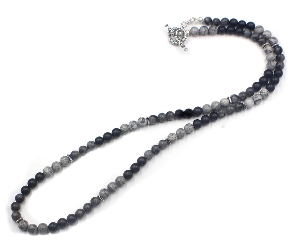 Men's Necklace, Grey Jasper, Onyx, and Larvikite Necklace, Stone