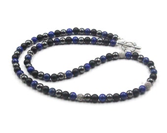 Men's Necklace, Lapis Lazuli, Hematite, and Matte Black Onyx Necklace, Mixed Stone and Sterling Silver Necklace, Men's Beaded Neckklace