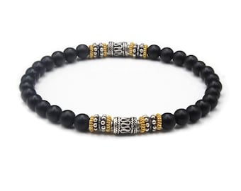 Pulsera de hombre, pulsera de ónix negro mate, pulsera para hombre, pulsera de ónix, oro y plata de ley, pulsera de cuentas para hombre, pulsera para hombre