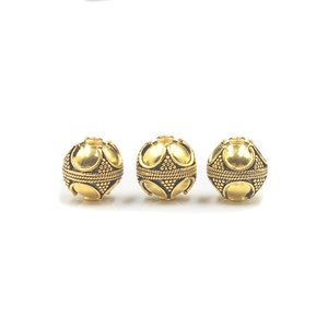 Drie x 12 mm Bali kralen, 12 mm vergulde sterling zilveren kralen, 12 mm kralen, 22 karaats vergulde kralen, gouden kralen, 12 mm Bali kralen