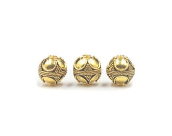 Three x 12mm Bali Beads, 12mm Gold Plated Sterling Silver Beads, 12mm Beads, 22 Karat Gold Plated Beads, Gold Beads, 12mm Bali Beads