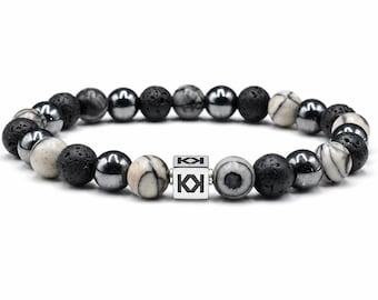 Men's Lava Stone, Spider Vein Jasper, Hematite Sterling Silver Bead Bracelet