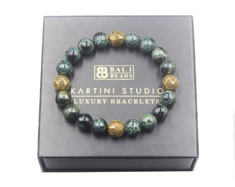 Men's Bracelet, Dark Green Jade and Gold Bracelet, Bead Bracelet Men, Gold Beads Bracelet, Men's Jade Bracelet, Jade and Gold Bracelet