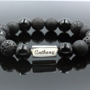 Personalized Engraved Bracelet, Sterling Silver and Stone Beads Bracelet, Men&#39;s Beaded Bracelet, Men&#39;s Customized Bracelet